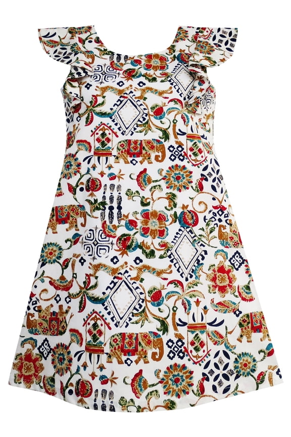 Girls Dress Traditional Hand Drawing Print Elephant Tree 8