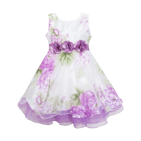 Sunny Fashion Girls' Sleeveless Floral Rosette Waist Tiered Organza Purple Dress