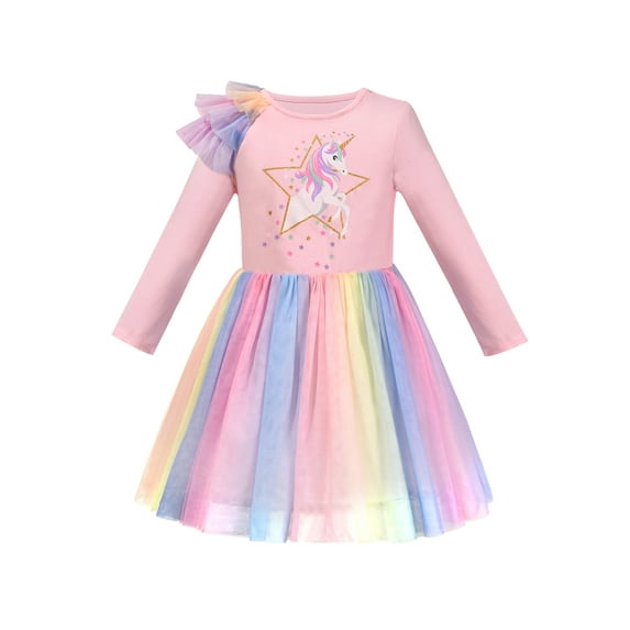 Girls Dress Tulle Skirt Pink Rainbow Unicorn Star Cotton Long Sleeve 5 Years