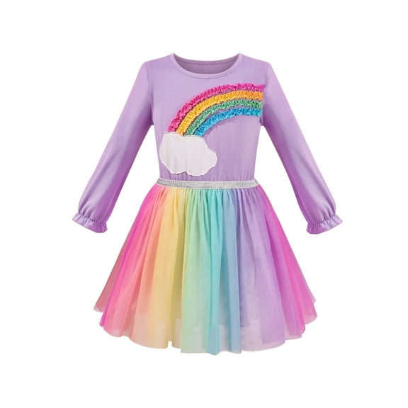Girls Dress Tulle Skirt Rainbow Color 3D Ruffle Long Sleeve 4 Years