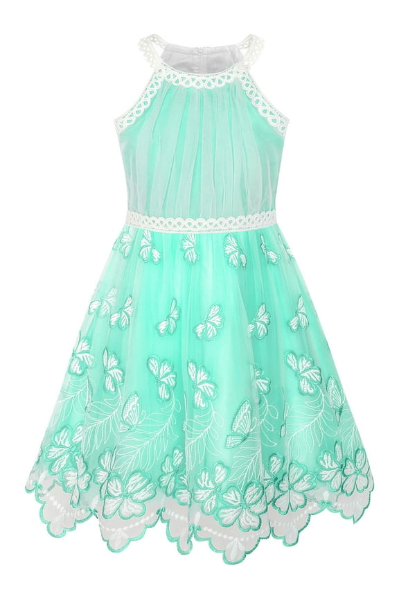 Girls Dress Turquoise Butterfly Embroidered Halter Dress Party 5