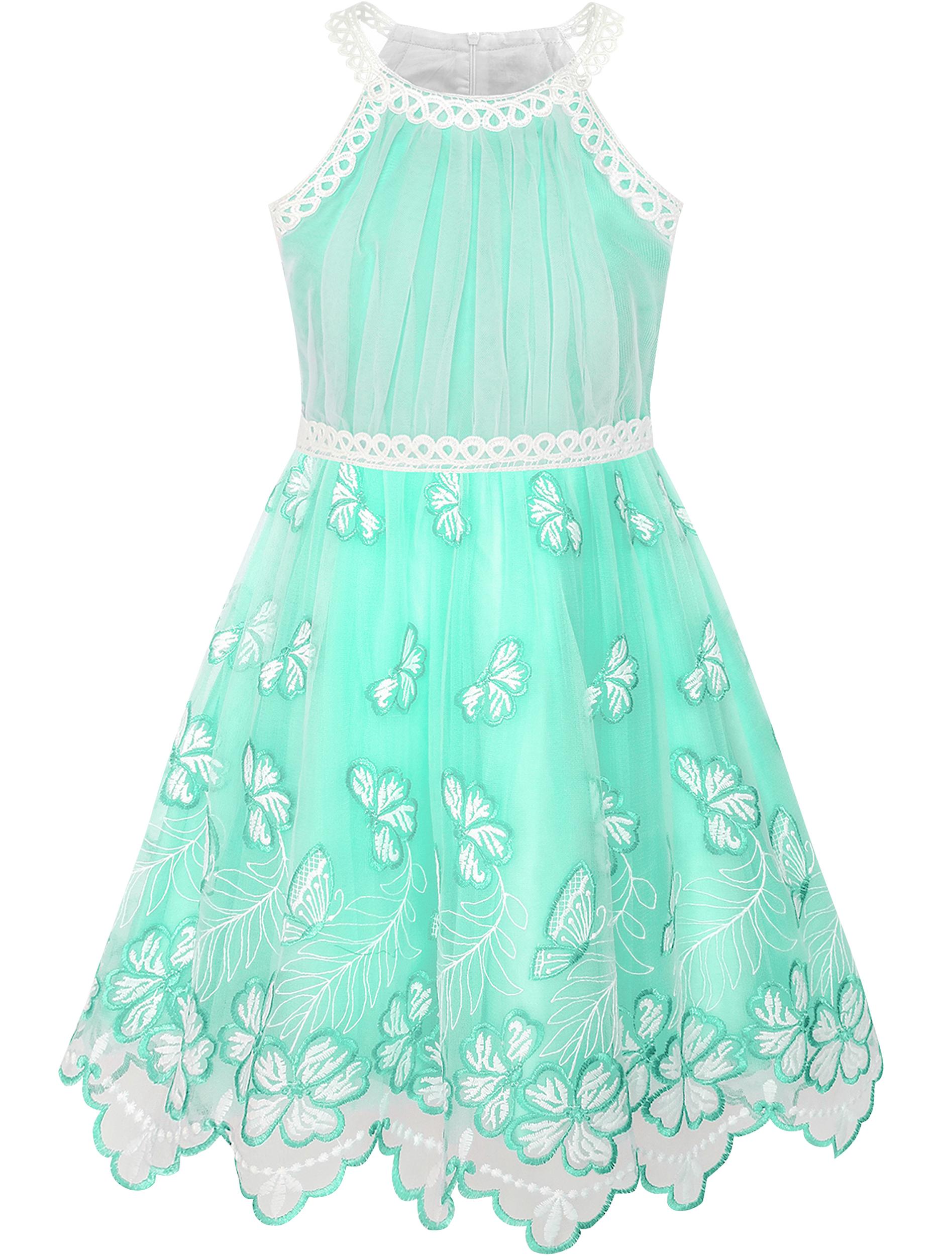 Girls Dress Turquoise Butterfly Embroidered Halter Dress Party 5 - image 1 of 7