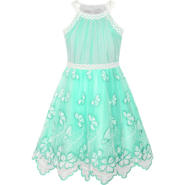Girls Dress Turquoise Butterfly Embroidered Halter Dress Party 5