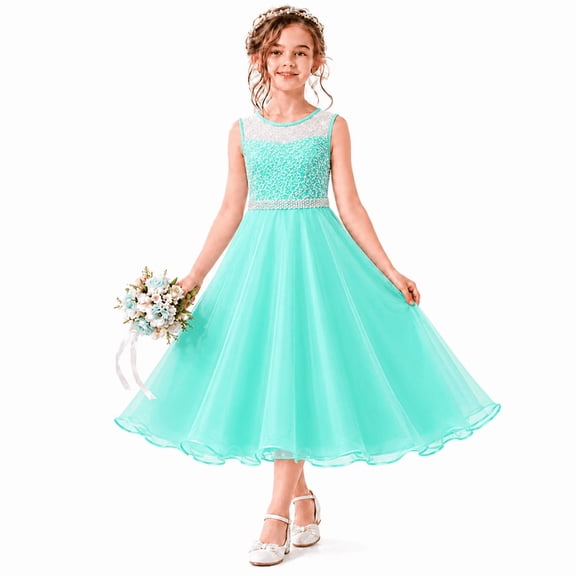 Sunny Fashion Girls Dress Turquoise Chiffon Bridesmaid Dance Ball Maxi Gown Size 6