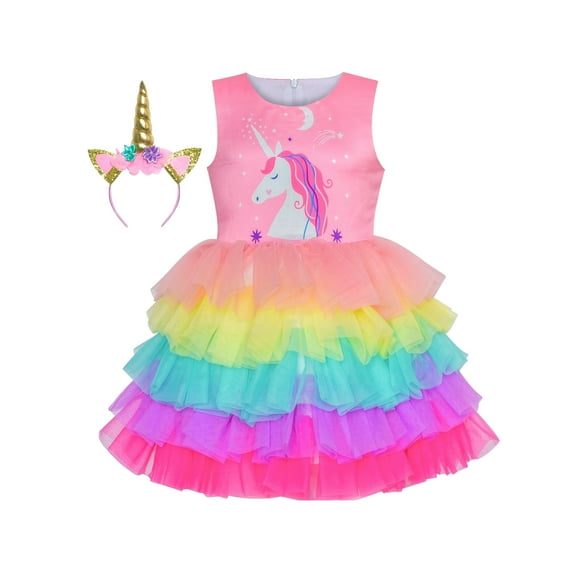 Girls Dress Unicorn Rainbow Colorful Tiered Layers Costume Headband 4 Years
