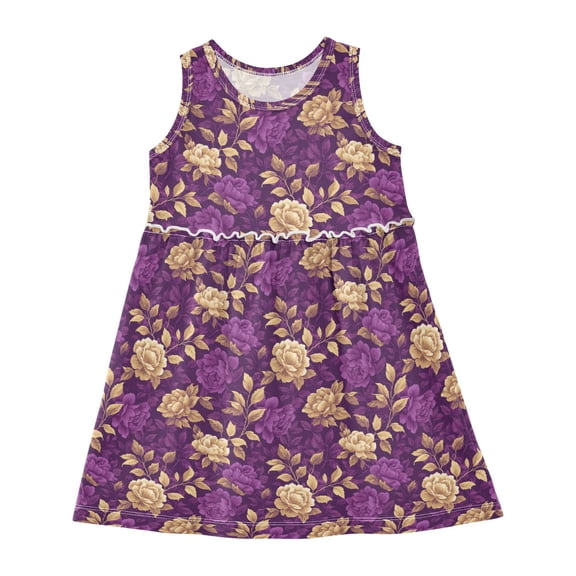 Girls Dress Vintage Floral Purple and Gold Sleeveless Dress for Girls Hem A-Line Casual Sundress