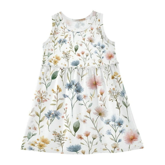 Girls Dress Vintage Pastel Flowers and Branches Sleeveless Dress for Girls Hem A-Line Casual Sundress