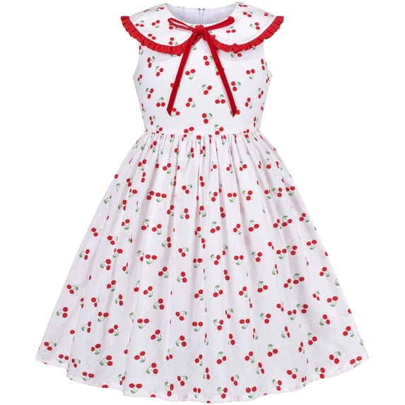 Sunny Fashion Girls Dress Vintage Velvet Bow Tie Round Collar Cherry Cotton Sleeveless 8 Years