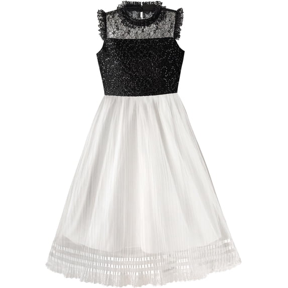 Girls Dress White And Black Pleated Skirt Lace Sequin 6