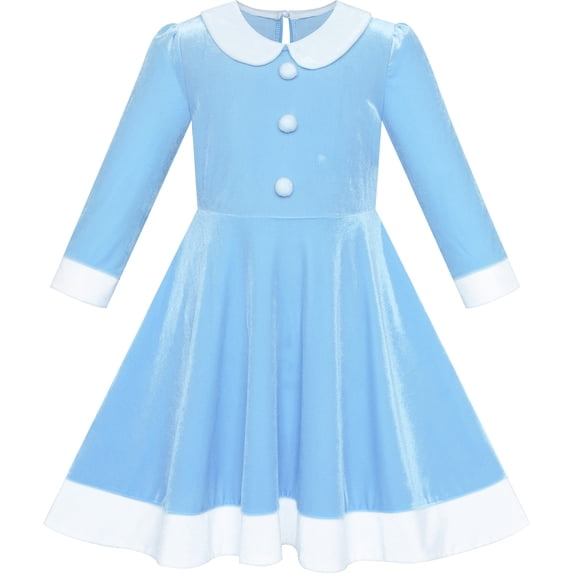 Sunny Fashion Girls Dress White Collar Velvet Long Sleeve Blue Swing Dress 4 Years
