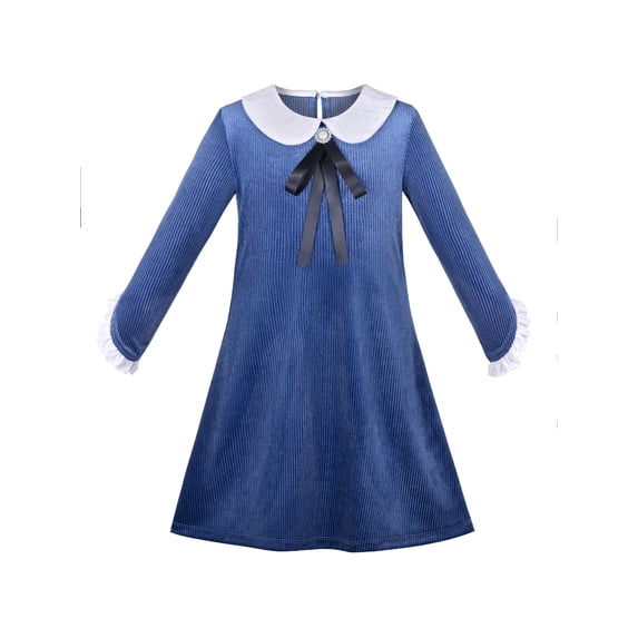 Girls Dress White Collar Velvet Ruffle Sleeve School Uniform Long Sleeve 4 Years