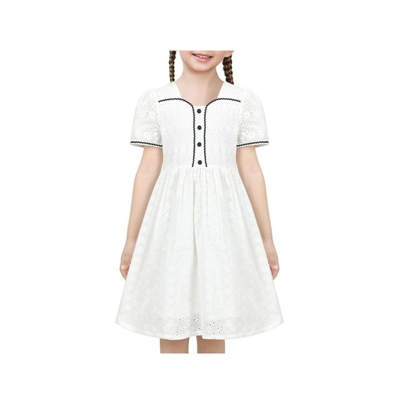 Girls Dress White Floral Button Black Trim Square Short Sleeve School 10 Years