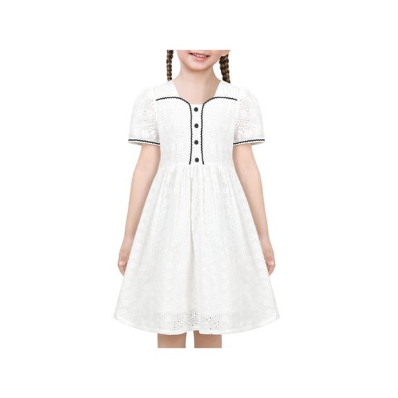 Girls Dress White Floral Button Black Trim Square Short Sleeve School 6 Years