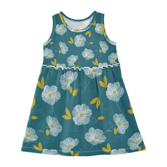 Girls Dress White Line Flower Pattern Sleeveless Dress for Girls Hem A-Line Casual Sundress