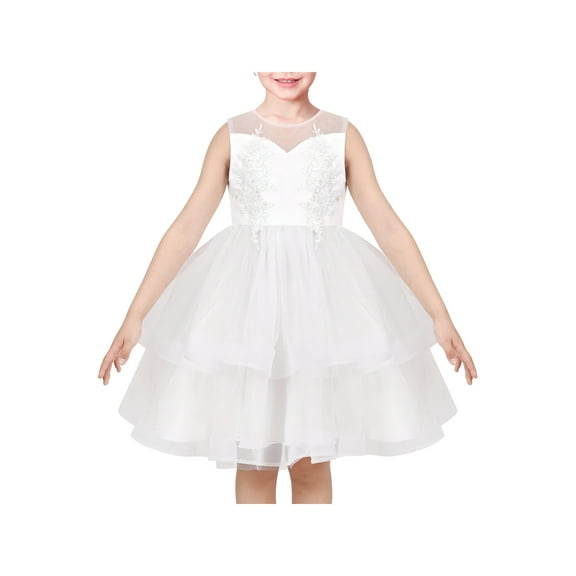 Girls Dress White Mesh Layer Sleeveless Princess Tulle Wedding Ball Gown 12 Years