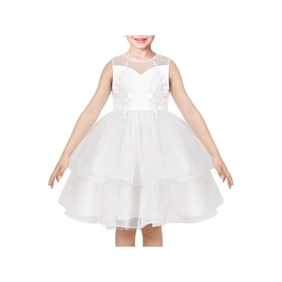 Girls Dress White Mesh Layer Sleeveless Princess Tulle Wedding Ball Gown 12 Years