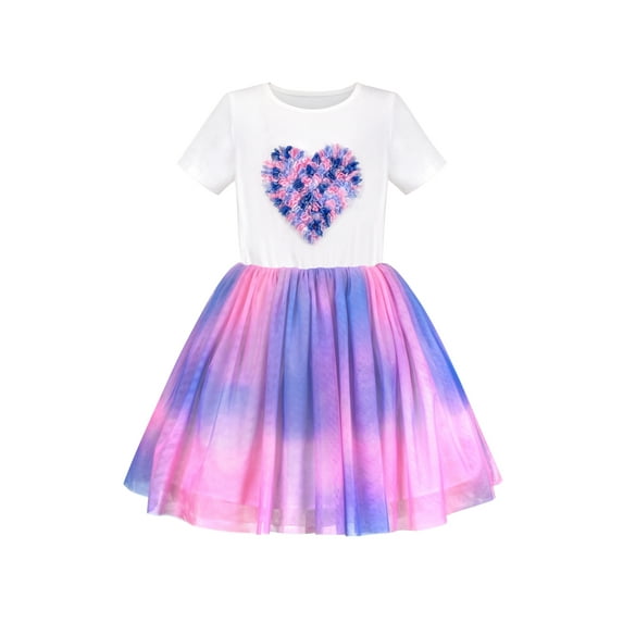 Girls Dress White Multicolor Tie Dye Heart Pleated Tulle Party Casual 4 Years
