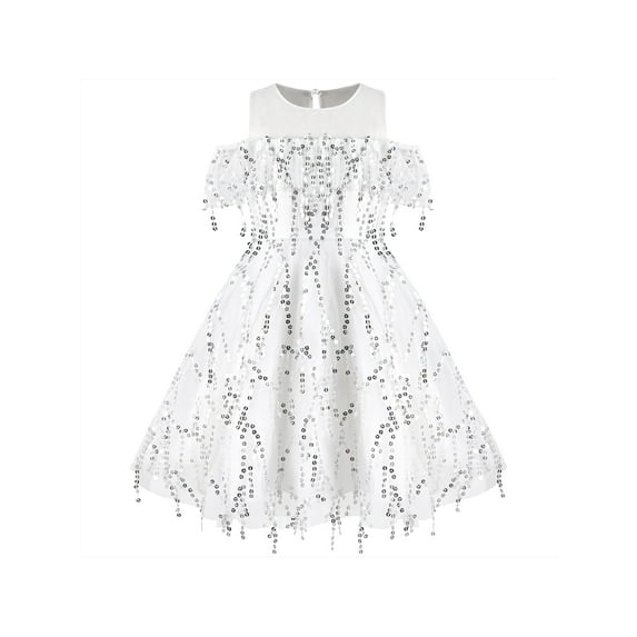 Girls Dress White Off Shoulder Sequin Tassel Flapper Party Pageant 6 Years