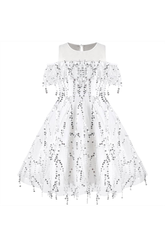 Girls Dress White Off Shoulder Sequin Tassel Flapper Party Pageant 7 Years
