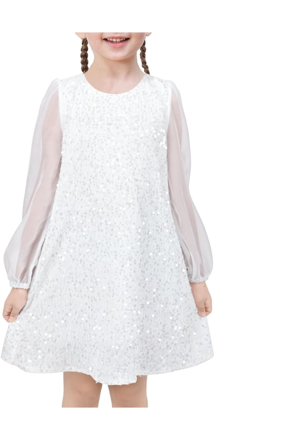 Girls Dress White Sequin Sheer Mesh Long Sleeve Party Pageant Wedding 5 Years