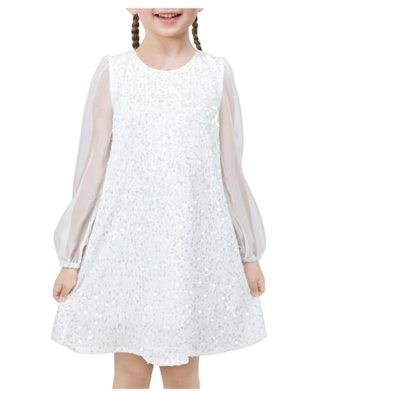 Girls Dress White Sequin Sheer Mesh Long Sleeve Party Pageant Wedding 7 Years