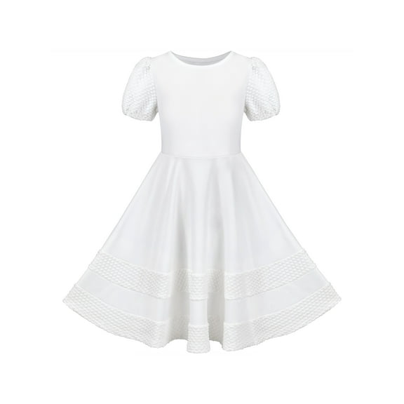 Girls Dress White Solid A-line Retro Puff Sleeve Casual Spring Summer 6 Years