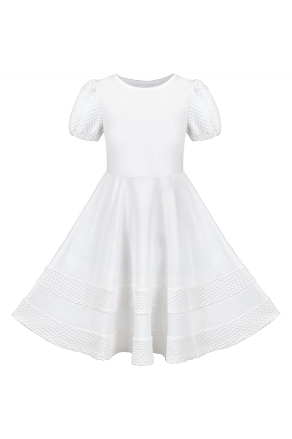 Girls Dress White Solid A-line Retro Puff Sleeve Casual Spring Summer 7 Years