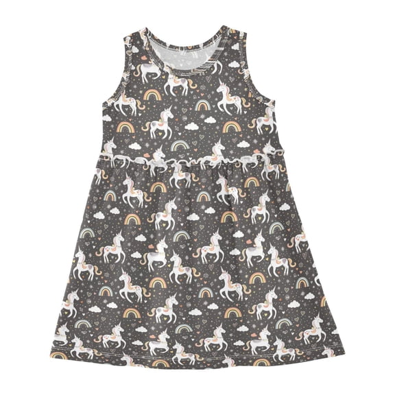 Girls Dress White Unicorns Rainbows Sleeveless Dress for Girls Hem A-Line Casual Sundress