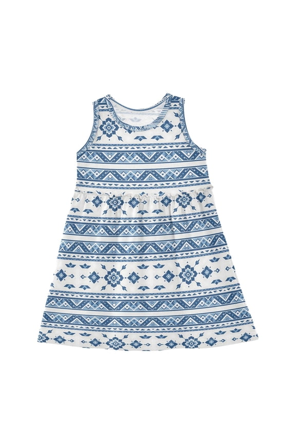 Girls Dress White and Blue Aztec Sleeveless Dress for Girls Hem A-Line Casual Sundress