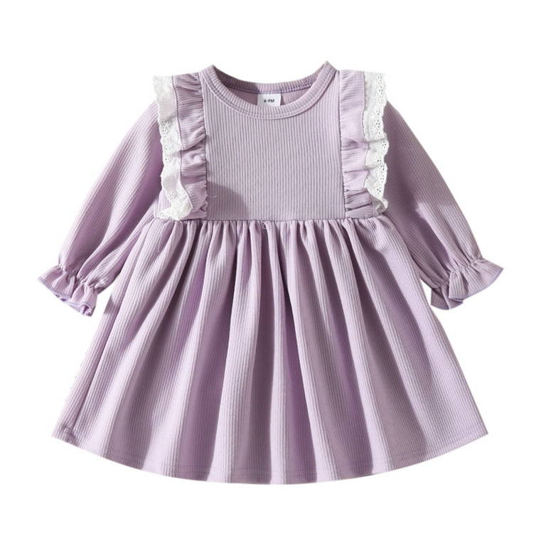 Girls Dress Winter Long Sleeve Ruffles Ribbed Lace Solid Color Princess Dress Toddler Dress Purple 9 Months 12 Months