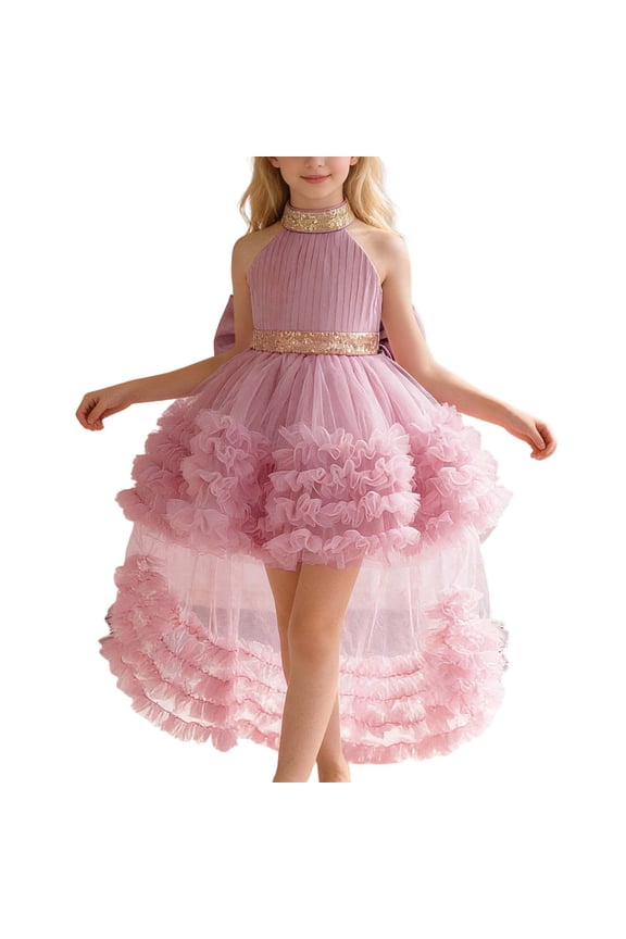 Girls Dress With Train Tiered Neck Gown For Pageant Recital Performance And