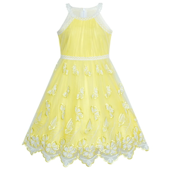 Girls Dress Yellow Butterfly Embroidered Halter Dress 7 Years