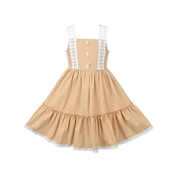 Girls Dress Yellow Check Lace Trim Bow Tie Pearl Ruffle Strap Casual 10 Years