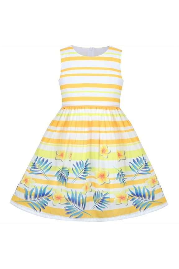 Girls Dress Yellow Floral Leaf Striped Sleeveless Summer Sundress Cotton 11-12 Years