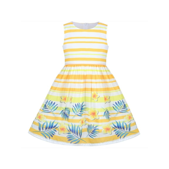 Girls Dress Yellow Floral Leaf Striped Sleeveless Summer Sundress Cotton 4-5 Years