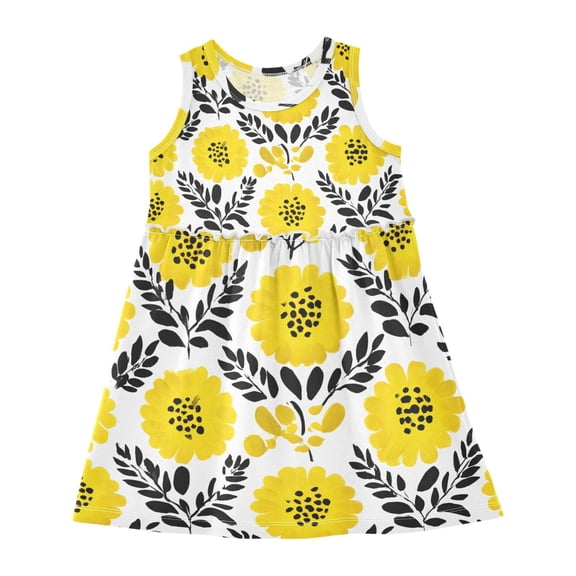 Girls Dress Yellow Flower Pattern Sleeveless Dress for Girls Hem A-Line Casual Sundress