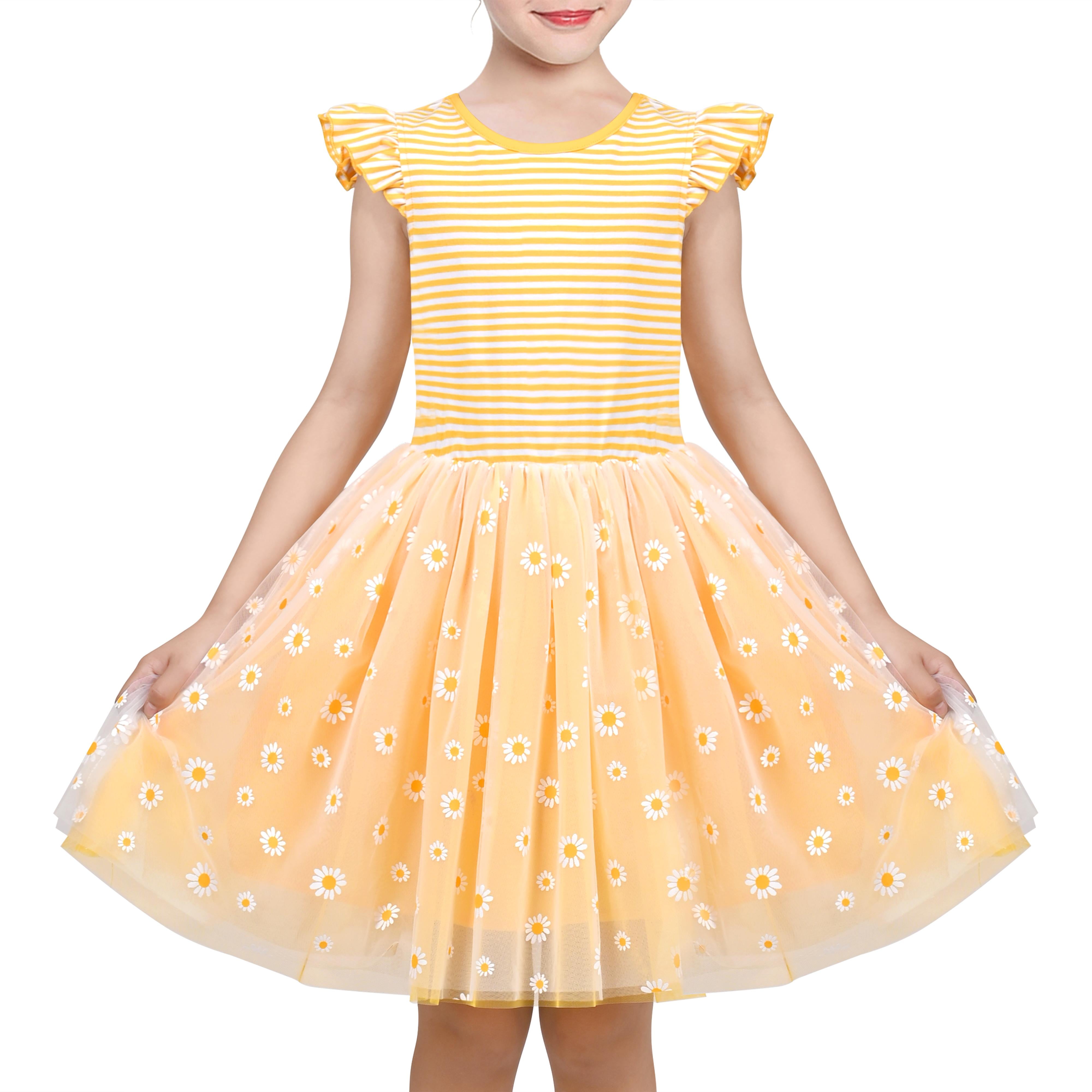 Sunny Fashion Girls Dress Yellow Striped Daisy Flower Ruffle Tulle Party Holiday Cotton 7 Years, Girl's