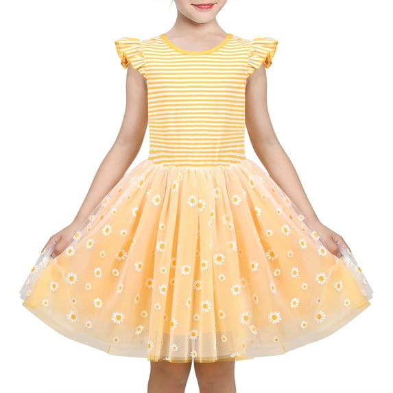 Girls Dress Yellow Striped Daisy Flower Ruffle Tulle Party Holiday Cotton 7 Years