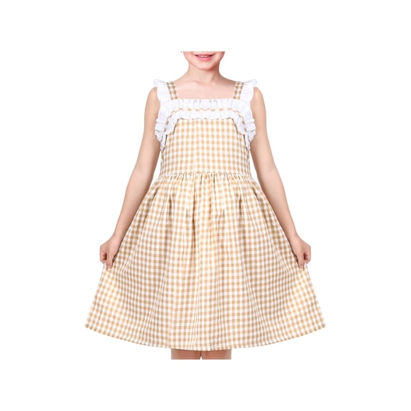 Girls Dress Yellow White Checkered Ruffle Tank Sundress Vintage School 6 Years