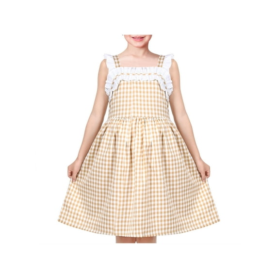 Girls Dress Yellow White Checkered Ruffle Tank Sundress Vintage School 8 Years