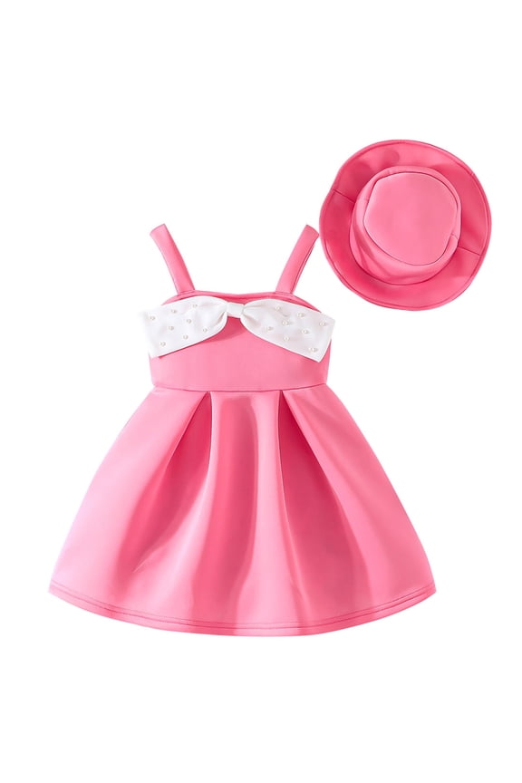 Girls Dress and Hat Set Pink 2-8 Years Kids Summer Outfit with Pearl Bow Flared Skirt for Easter Birthday Party,Size 4-5T