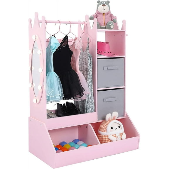 Girls' Dress up Storage, Light & Mirror, Kids Clothing Rack with Storage Bin, Open Hanging Armoire Closet for Girls