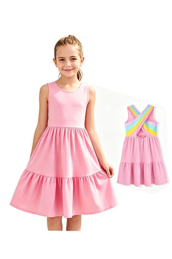 Girls Dresses Athletic Sleeveless Kids Summer Sundress with Criss Cross Rainbow Straps Sporty Dress for Girls 6-10 Years