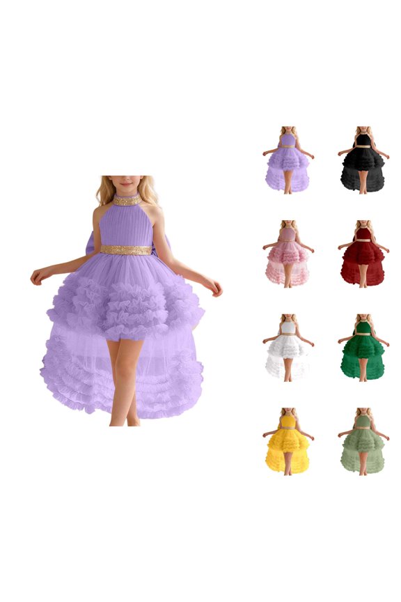 Girls Dress with Train, Tiered Mesh Gown for Pageant, Recital, Performance, Formal Party & Special Occasions