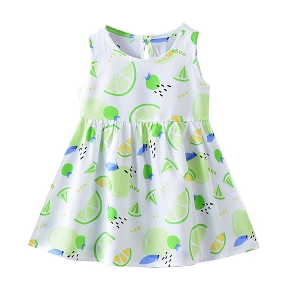 Girls Dressed Summer Sleeveless Floral Print Beach Cotton Silk Princess Dresses Baby Girl Dress Green 6 Years-7 Years