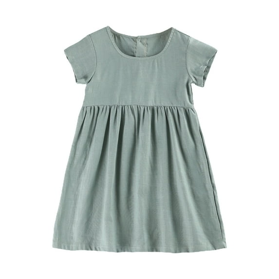 Girls' Dresses 1-2 Years A-Line Short Sleeve Crewneck Solid Color Back Button Fit & Flare Blue Beach Dress