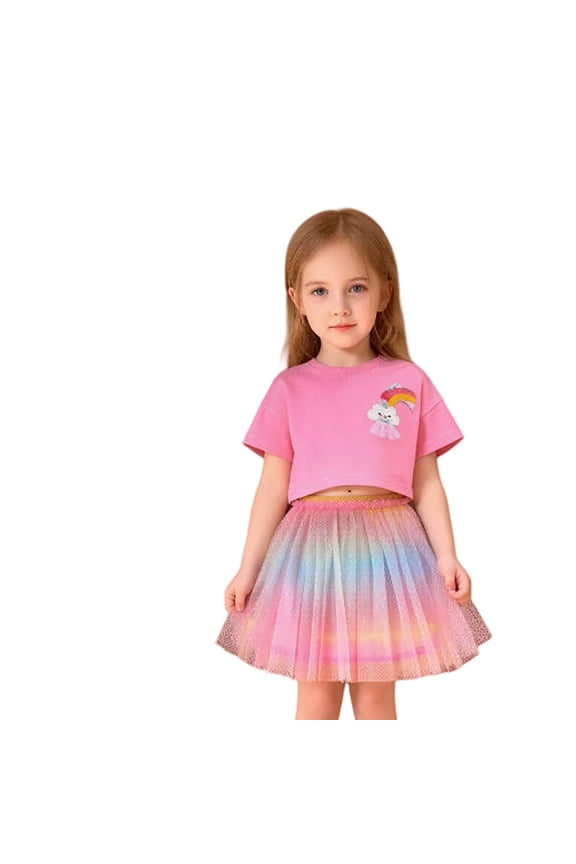Girls Dresses 2-Piece Rainbow Outfit Cropped T-Shirt with Cloud Rainbow Print Ombre Tulle Tutu Skirt Summer Casual Party Set for Kids 2-7Y