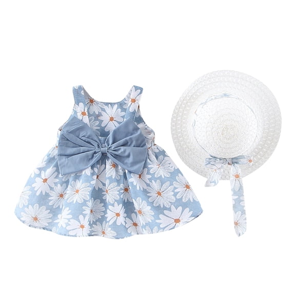 Girls Dresses 2 Piece Square Neck Solid Print Sleeveless Bowknot Ruched Dress And Hat Set for Beach Vacation Girls Dress Blue 2 Years-3 Years