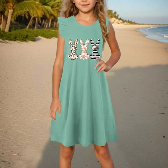 Girls Dresses 2025 Summer Ruffle Sleeve Swing Sundress Cute Easter Rabbit Graphic Sleeveless Dress Green 11-12 Years