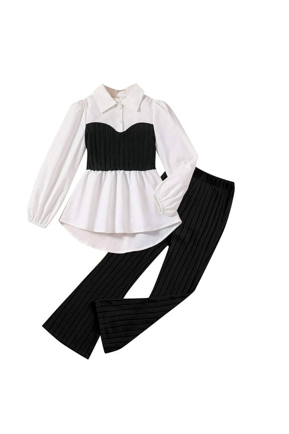 Girls Dresses 2PC Sets Two-Piece Lapel Button up Color Block Kids Shirts and Pants Outfits Suits 5-6 Years,Black